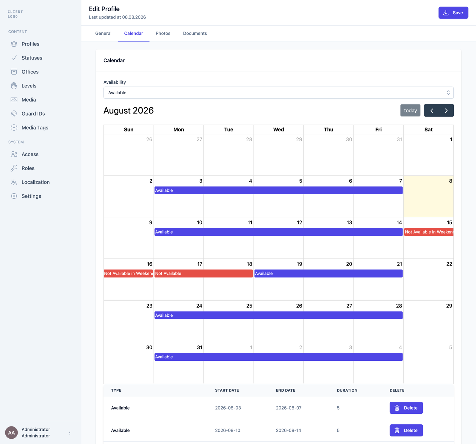 The calendar tab of a profile, showing a month grid with coloured bars labelled available and not available spanning several days each, and a table of the same entries below it with type, start date, end date and duration